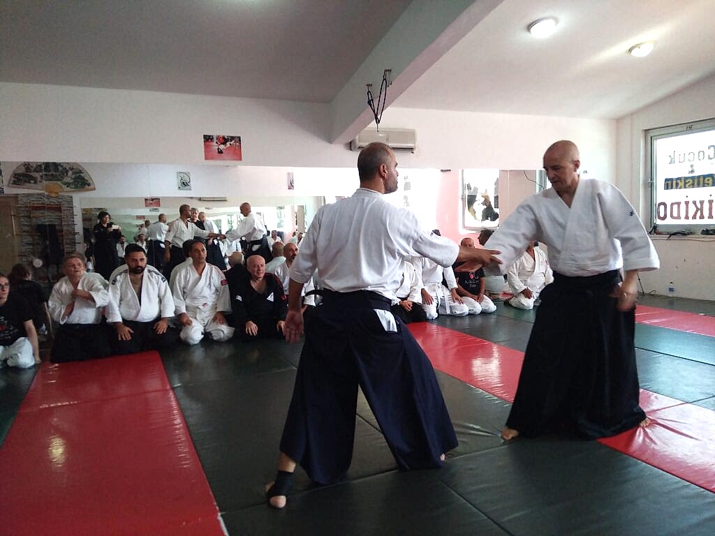 Sensei Kürşat Demir, Antalya Aikizen Dojo'da dünya çapında tanınan Aikido ustası Bodo Rödel Shihan (6. Dan) ile ileri seviye bir teknik uygulama (waza) gerçekleştirirken.